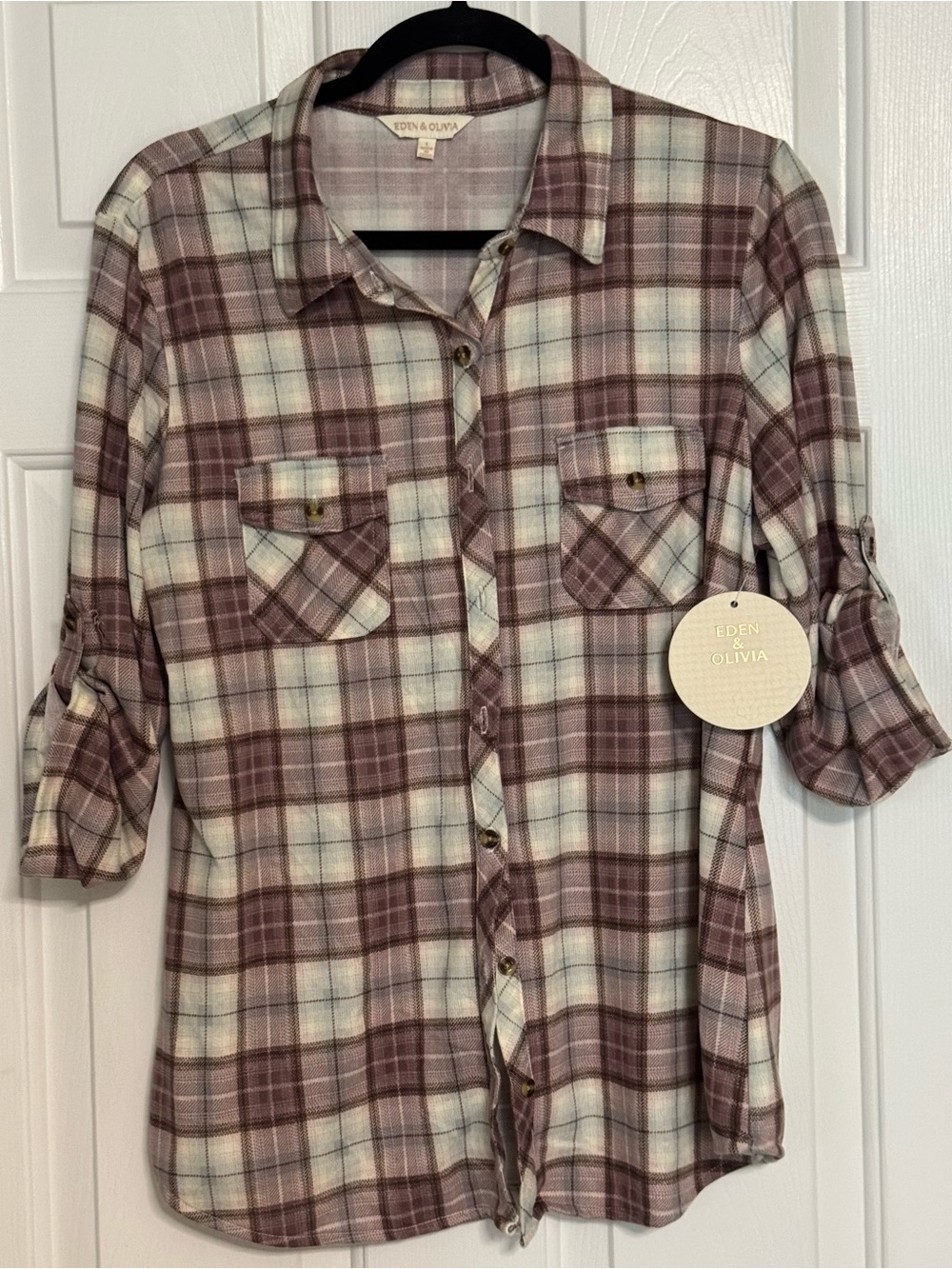 Eden & Olivia Women’s Pink Plaid Flannel Button-Front Shirt